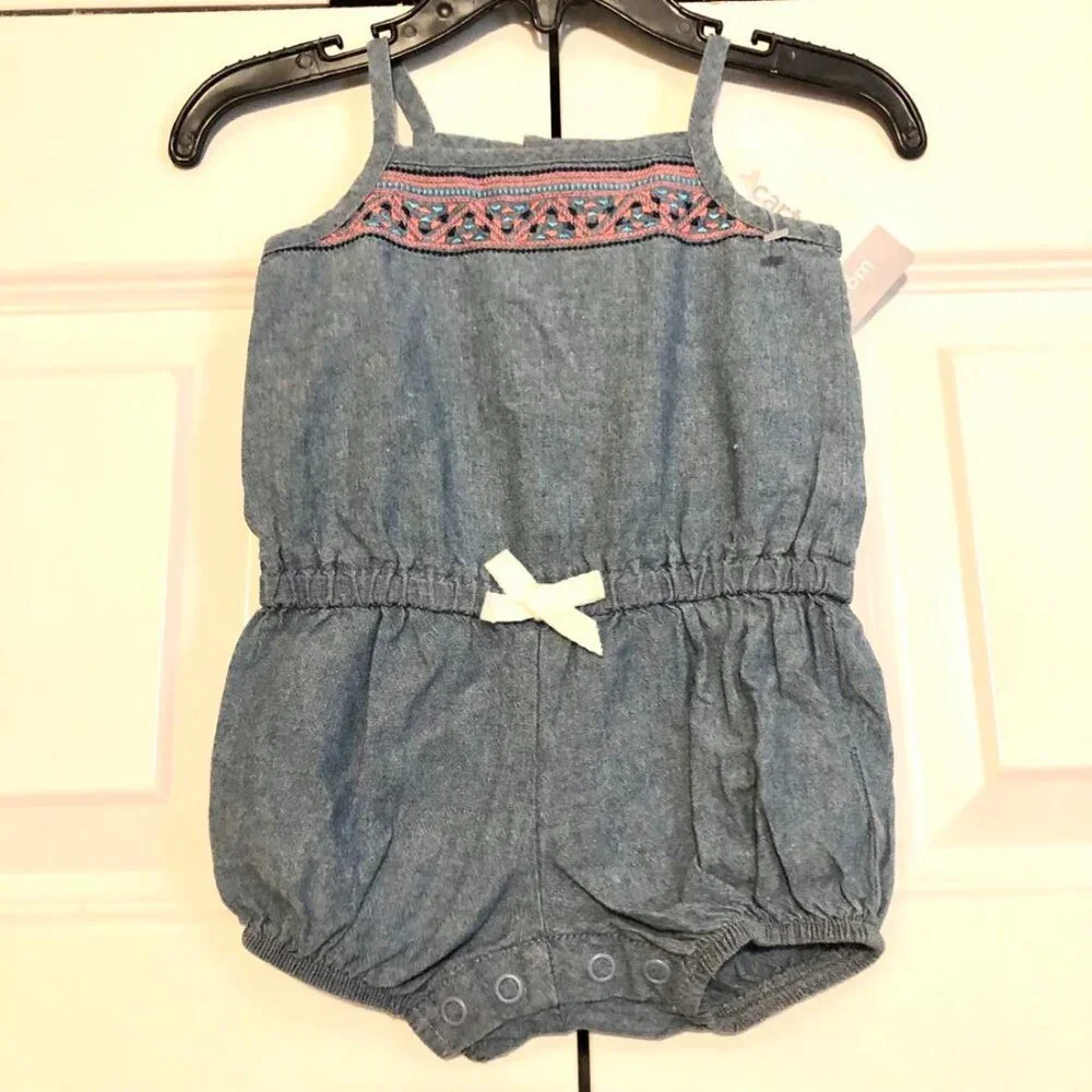 NWT CARTER'S Embroidered Chambray Blue Romper Baby Girl 6M